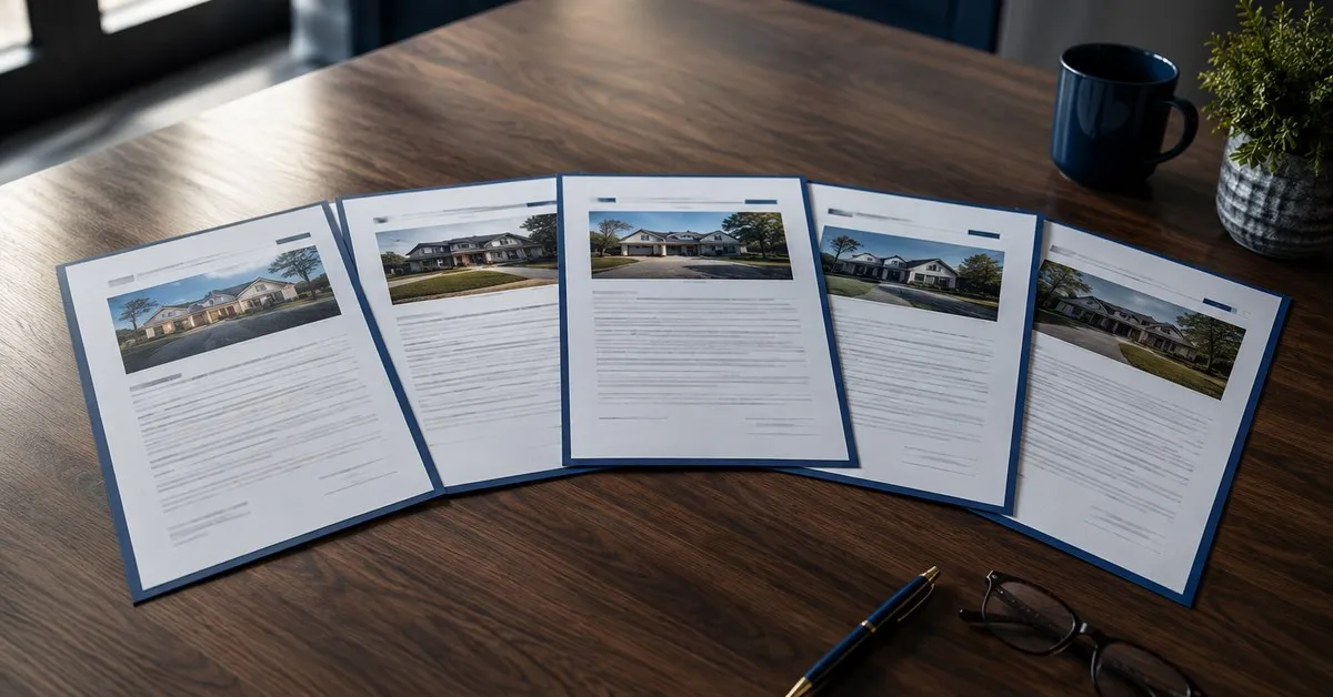 Five real estate purchase offers fanned side by side on a kitchen table before a seller meeting