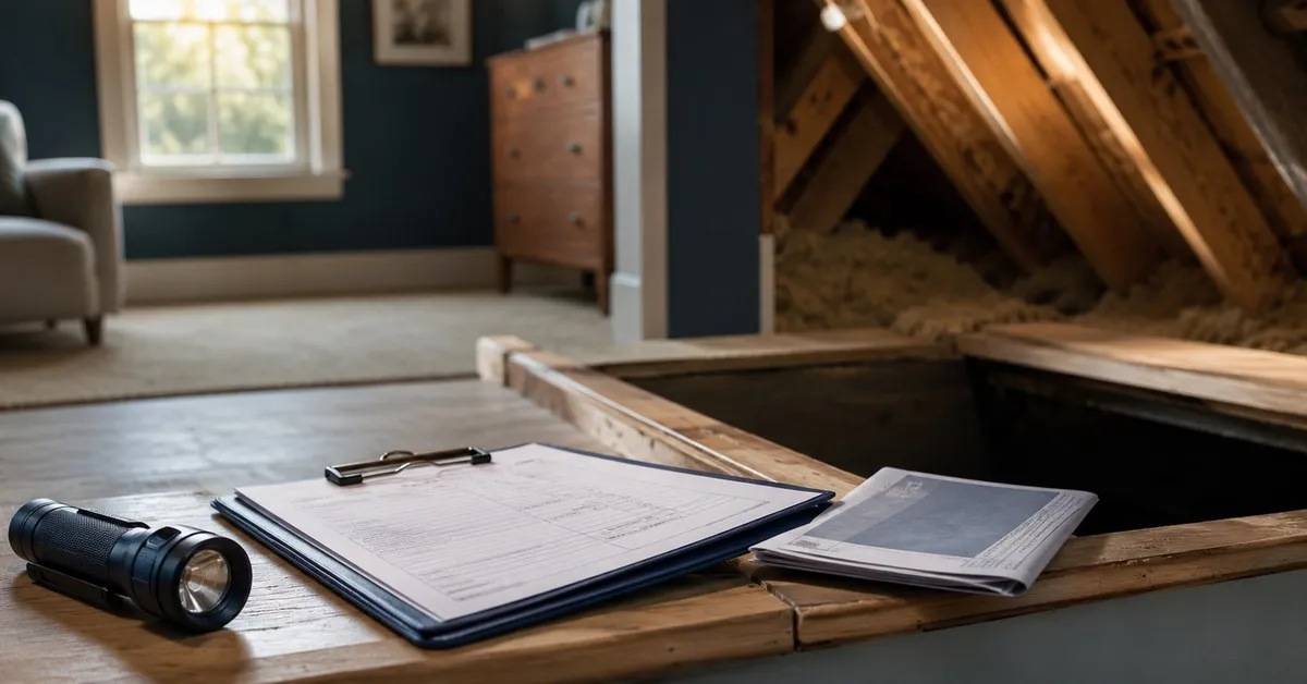 Home inspector's clipboard and flashlight beside an open attic hatch with a folded purchase contract