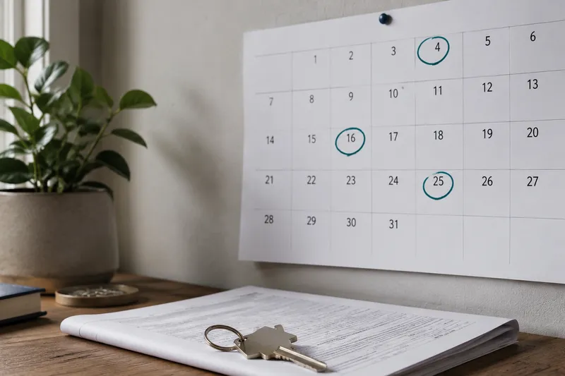 Wall calendar with three contingency deadlines circled above a desk holding a purchase contract and house key