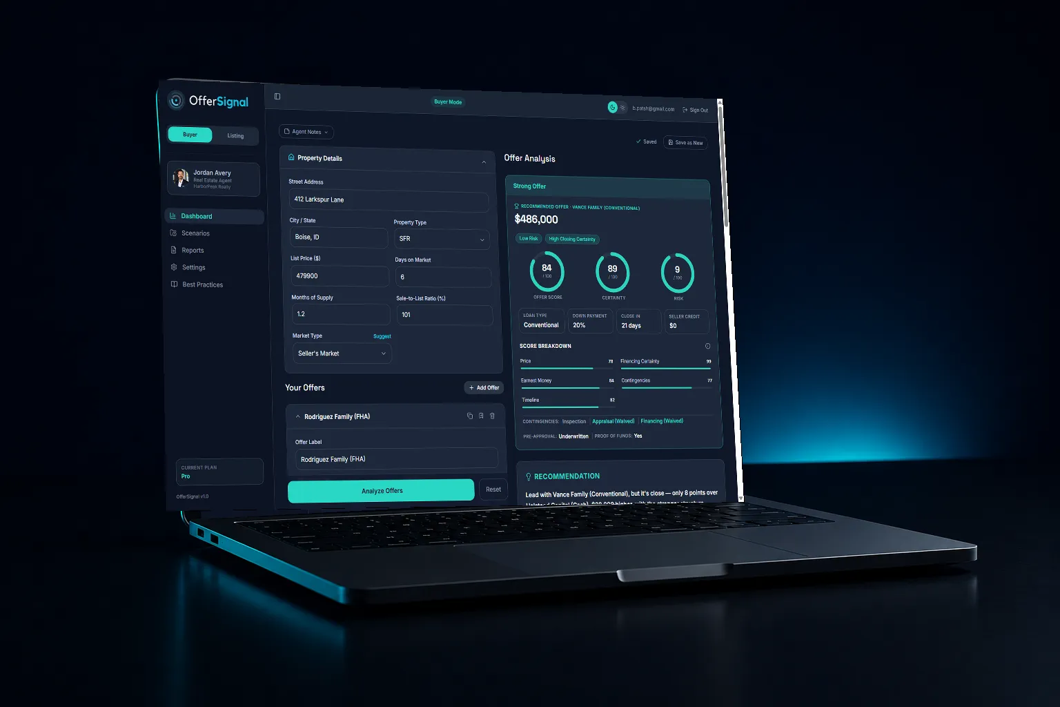 OfferSignal dashboard on a laptop: property details and three offers on the left, live offer analysis with score rings and a recommendation on the right