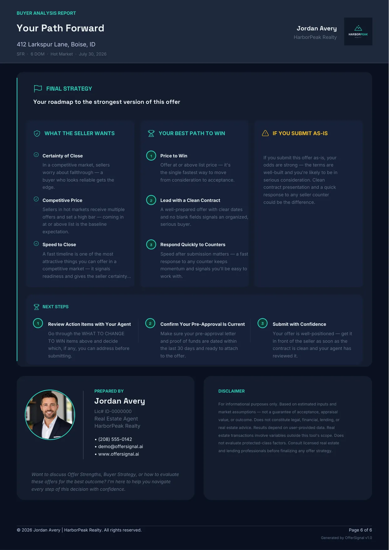 Final page: seller priorities, best path to win, next steps, and the agent branding card with contact details and disclaimer